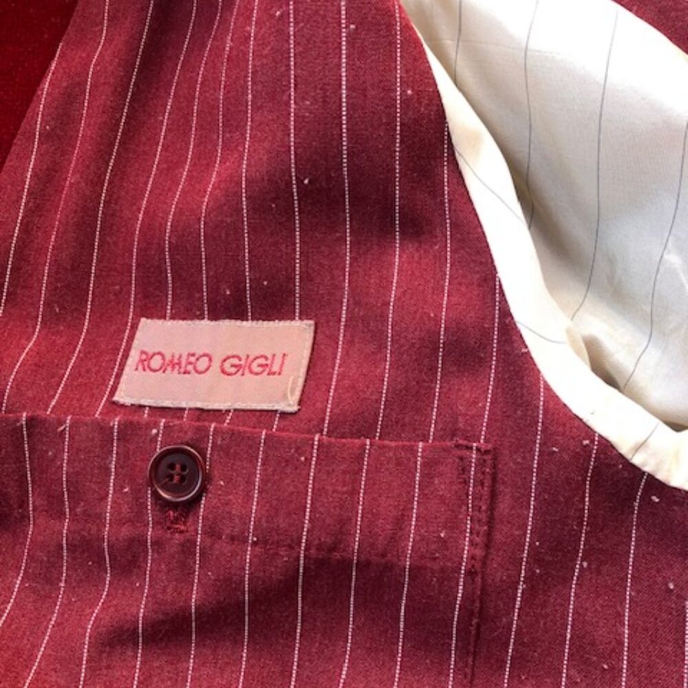 Archival ROMEO GIGLI Red Wool Double-Breasted Long Coat - Pinstripe Lining M/L - Picture 12 of 14